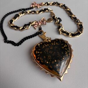 Betsey Johnson Large Lucite Heart Necklace Gold Tone Chain Black Ribbon 33.5"